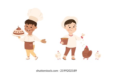 Little Boy Chef with Cake and Farmer Feeding Hens Representing Profession Vector Set