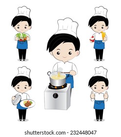 little boy chef cooking on white background
