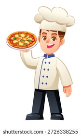 Der kleine Chefkoch präsentiert stolz eine frisch heiße, köstliche Margherita-Pizza auf einem Teller. Vektorcartoon, Zeichengrafik