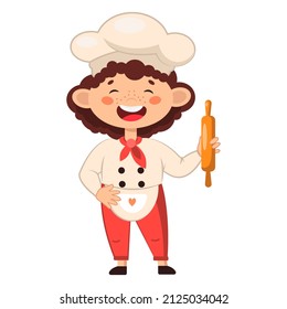 Ein kleiner Junge-Chef mit einem Rolling Pin. Cute Cartoon Charakter Kind in Form eines Chefs. Vektorgrafik