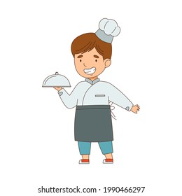 Little Boy Chef in White Toque and Jacket Holding Tray with Served Appetizing Meal Vector Illustration