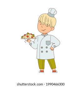 Little Boy Chef in White Toque and Jacket Holding Plate with Served Pasta Vector Illustration