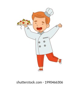 Little Boy Chef in White Toque and Jacket Holding Plate with Served Pasta Vector Illustration