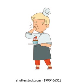 Little Boy Chef in White Toque and Jacket Holding Plate with Sweet Cupcake Vector Illustration