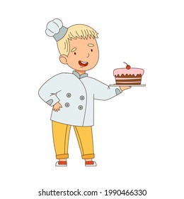 Little Boy Chef in White Toque and Jacket Holding Plate with Appetizing Cake Vector Illustration