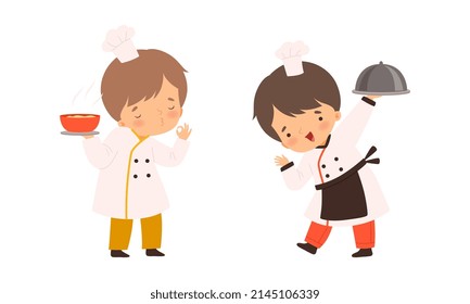 Little Boy Chef in White Toque and Jacket Holding Tray with Appetizing Dish and Bowl with Hot Meal Vector Set