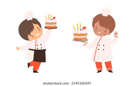 Little Boy Chef in White Toque and Jacket Holding Creamy Cake with Candles Vector Set