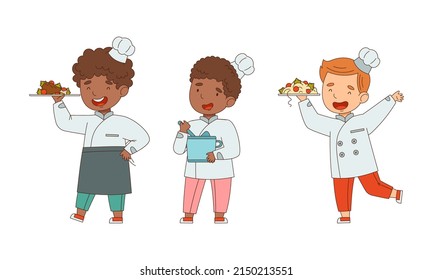 Little Boy Chef in White Toque and Jacket Holding Plate with Served Appetizing Meal Vector Illustration Set