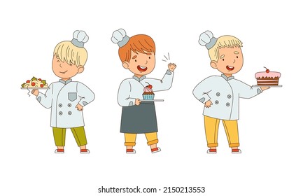 Little Boy Chef in White Toque and Jacket Holding Plate with Served Appetizing Meal Vector Illustration Set