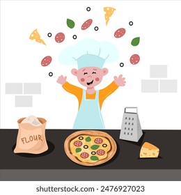 A little boy in a chef's hat makes a pizza. Children's illustration of baking pizza. Concept for a master class on making pizza for children. Kids cooking class poster. Vector