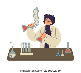 Little Boy Chemist and Scientist with Flask in Chemistry Lab Doing Scientific Experiment Vector Illustration