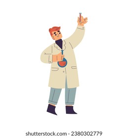 Little Boy Chemist and Scientist with Flask in Chemistry Lab Doing Scientific Experiment Vector Illustration
