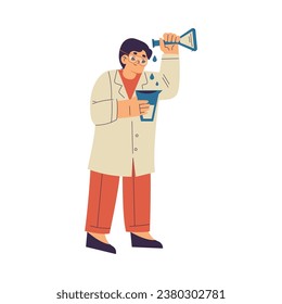 Little Boy Chemist and Scientist with Flask in Chemistry Lab Doing Scientific Experiment Vector Illustration