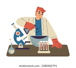 Little Boy Chemist and Scientist with Flask and Microscope in Chemistry Lab Doing Scientific Experiment Vector Illustration