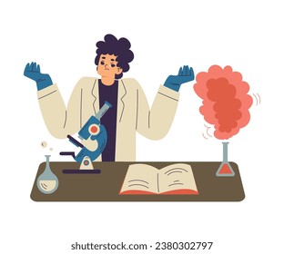 Little Boy Chemist and Scientist at Table with Flask and Microscope in Chemistry Lab Doing Scientific Experiment Vector Illustration