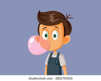 Little Boy Chewing Bubble Gum Vector Illustration. Happy little child popping gum bubbles
