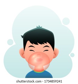 A little boy with chewing gum bubble. Illustration in flat cartoon style. Cute kid blowing a pink bubble gum. Children's play and enjoyment. 