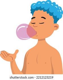 A Little Boy With Chewing Gum Bubble.  Cute Kid Blowing A Pink Bubble Gum.