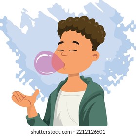 A Little Boy With Chewing Gum Bubble.  Cute Kid Blowing A Pink Bubble Gum. 