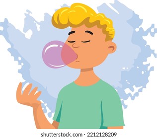 A Little Boy With Chewing Gum Bubble.  Cute Kid Blowing A Pink Bubble Gum.