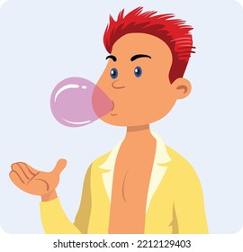 A Little Boy With Chewing Gum Bubble.  Cute Kid Blowing A Pink Bubble Gum.