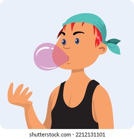 A Little Boy With Chewing Gum Bubble.  Cute Kid Blowing A Pink Bubble Gum.