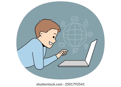 Little boy child browsing internet on laptop. Smiling kid using computer surfing on websites. Children and technology. Vector illustration.