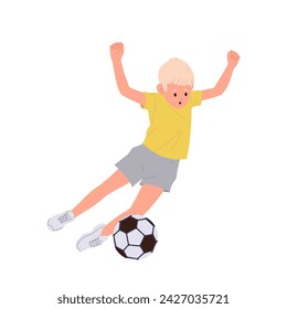 Little boy child cartoon character falling down while playing football outdoors isolated on white