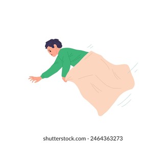 Little boy child cartoon character falling down while jumping in sack participating in race