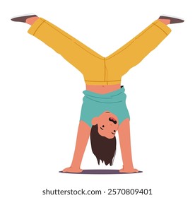 Little boy child cartoon character doing handstand balancing upside down training breakdance or hip hop isolated on white. Funny joyful kid exercising extreme acrobatic tricks vector illustration