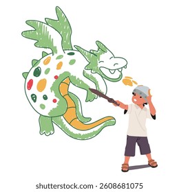 Little boy child cartoon character playing sword having dreams fantasies about fighting with whimsical magic dragon blowing fire vector illustration. Kids creative imagination and fun entertainment