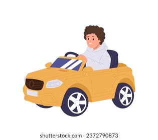 Caricatura infantil personaje preescolar conduciendo auto grande de juguete aislado en fondo blanco