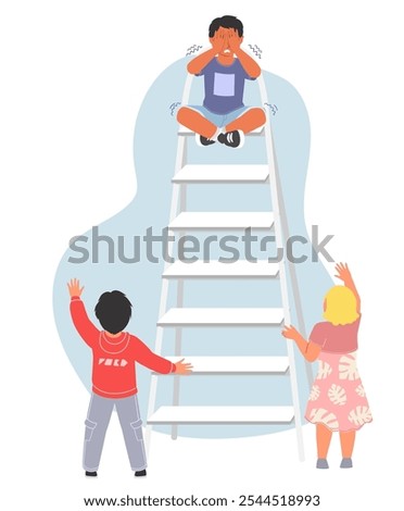 Little boy child character screaming scared of height