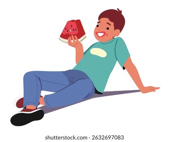 Little boy child heavy eater cartoon character eating ripe watermelon summer fruit isolated on white background. Cute hungry male kid enjoying healthy eating, sweet food snack vector illustration