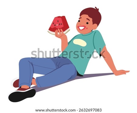 Little boy child heavy eater cartoon character eating ripe watermelon summer fruit isolated on white background. Cute hungry male kid enjoying healthy eating, sweet food snack vector illustration