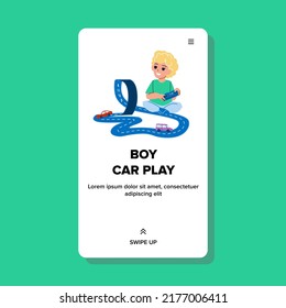 Little Boy Child Playing Car Toy Indoor Vector. Preschooler Kid Play Car Toy In Kindergarten. Happiness Character Enjoying Automobile Race With Remote Control Web Flat Cartoon Illustration