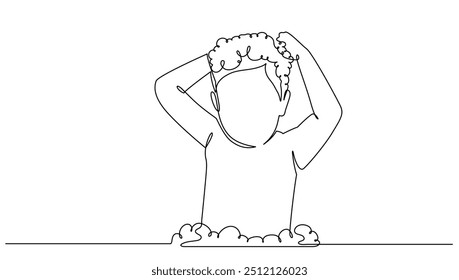 Little boy child in shower washing hair with shampoo, continuous one line. Concept kids shower vector illustration	