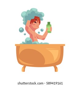 Little boy, child taking bath, sitting in bathtub, washing hair with shampoo, hygiene concept, cartoon vector illustration isolated on white background. Boy washing in foamy bathtub, taking bath