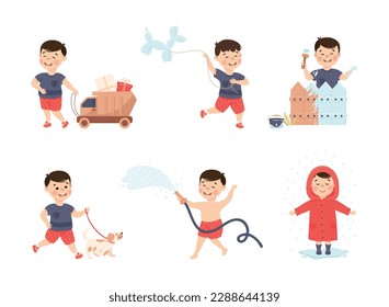 Little Boy in Childhood Engaged in Recreation Activity Vector Set