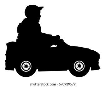 Little Boy In A Children's Electric Car Silhouette, Child Is Sitting On A Baby Car