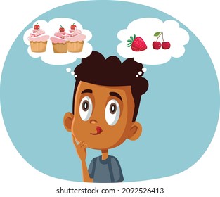 
Little Boy Choosing Between Fruits and Sweets Vector Cartoon. Small child with sweet tooth craving for desert deciding for healthy option
