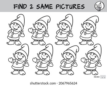 Little boy in Christmas outfit. Find two same pictures. Educational game for children. Black and white cartoon vector illustration