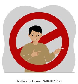 Little boy with a cigarette in his hand. There is a red prohibition sign around the boy. The concept of child or teenage smoking.