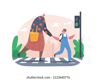 Little Boy City Dweller Lead Old Lady over Crossroad with Cars and Traffic Lights. Schoolboy Character Help to Cross Road for Elderly Woman. Kid Education, Kindness. Cartoon People Vector Illustration