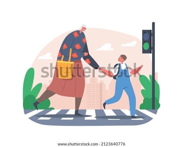 Little Boy City Dweller Lead Old Lady over\
Crossroad with Cars and Traffic Lights. Schoolboy Character Help to\
Cross Road for Elderly Woman. Kid Education, Kindness. Cartoon\
People Vector\
Illustration