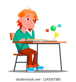 Little Boy In The Class Of Сhemistry, Physics Vector. Boring. Isolated Illustration