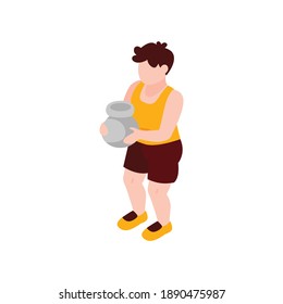 Little boy with clay pot on white background 3d isometric vector illustration