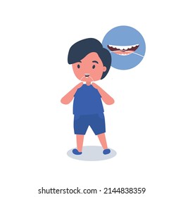Little boy clean teeth with a floss. How to brush teeth correctly. Smiling mouth with healthy teeth and tongue. Oral hygiene and dental procedures. Vector illustration in flat style.