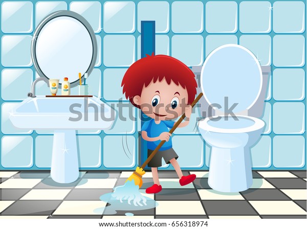 Little Boy Cleaning Bathroom Floor Illustration Stock Vector (Royalty ...