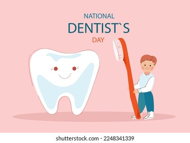 Little boy cleaning big tooth . National dentist day horizontal banner.Vector doodle cartoon illustration.